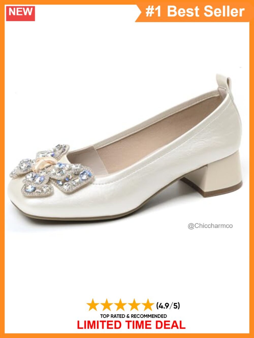Faux Leather Bow Pumps Square Toe Block Heels Rhinestone Slip On Office Work